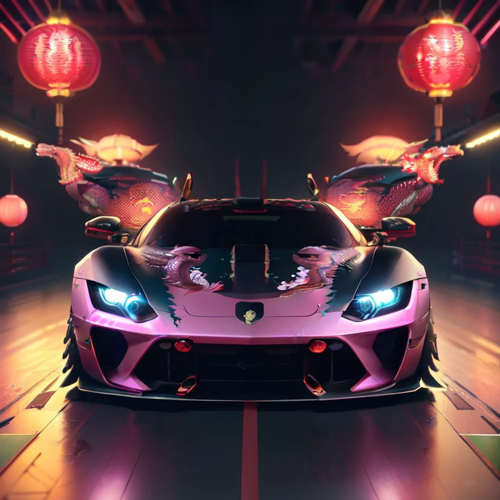 LunarValentineStyle,photo of a sports car, no human, car focus, dragons on car, reflective floor, eastern dragon, monster energy,outdoors,night,scenery,bridge,east asian architecture,vehicle focus,sports car, <lora:LunarValentineDragonStyle:1>,masterpiece,epic,neon lights,detailed,detailed hands,detailed face,pink colored battle tank,illustration theme