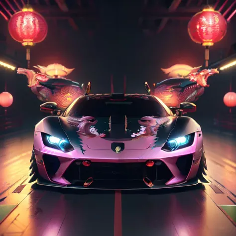 LunarValentineStyle,photo of a sports car, no human, car focus, dragons on car, reflective floor, eastern dragon, monster  energy,outdoors,night,scenery,bridge,east asian architecture,vehicle focus,sports car,  <lora:LunarValentineDragonStyle:1>,masterpiece,epic,neon lights,detailed,detailed hands,detailed face,pink colored battle tank,illustration theme