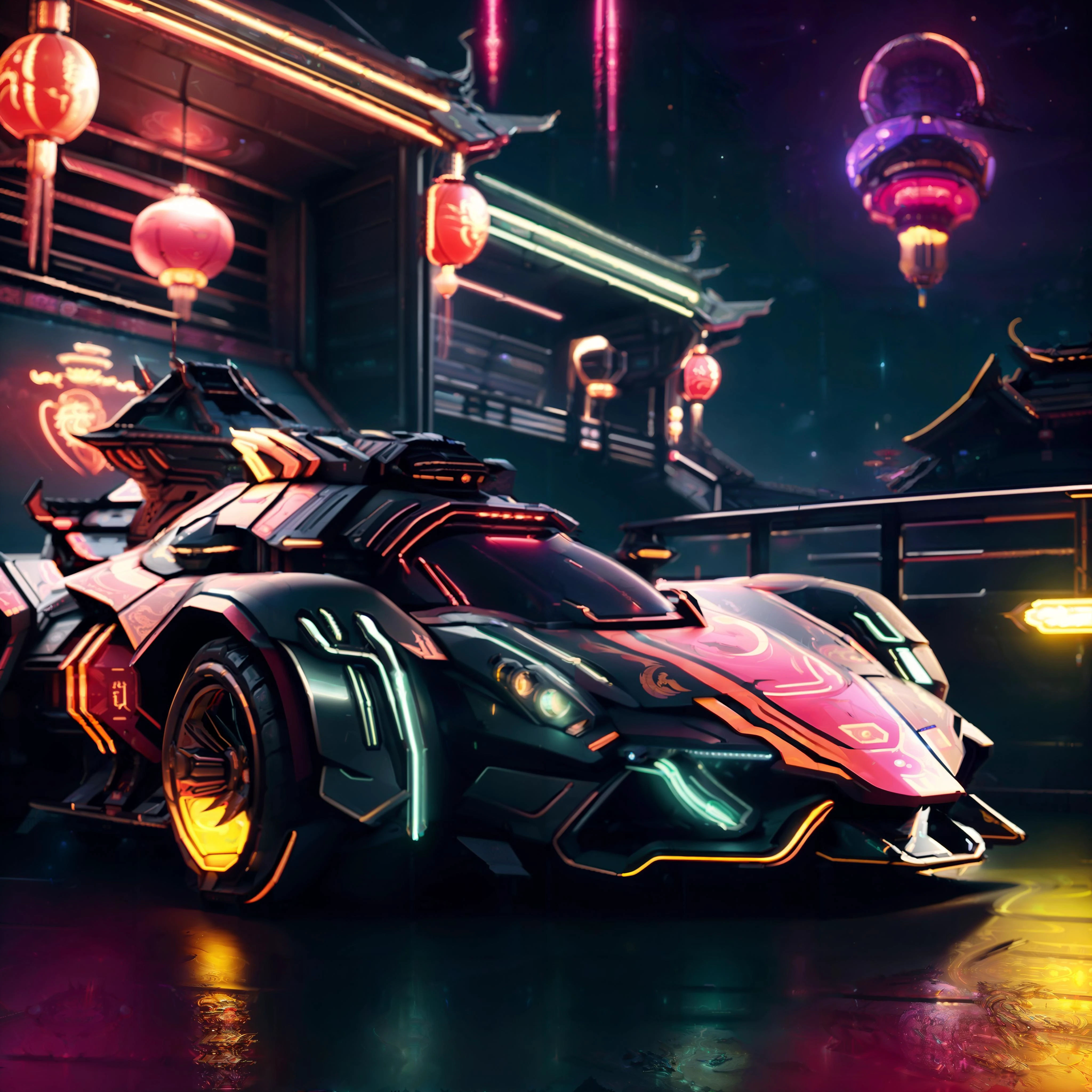 masterpiece,absurd resolution,epic ,night city backround,epic neon lights backround,outdoors,scenery,futuristic cyberpunk dragon pattern car,,dragon pattern on car,western dragon style car,lantern and firework in backround,epic,LunarValentineStyle,zxrspc,TerrranAI.<lora:LunarValentineDragonStyle:1>, <lora:TerranAIv2:0.6>, <lora:FuturisticAircraftSpacecraftGeneratorConcept:0.6>,epic photo shot,night,on the futuristic road, yellow style,yellow neon glowin lights on car
