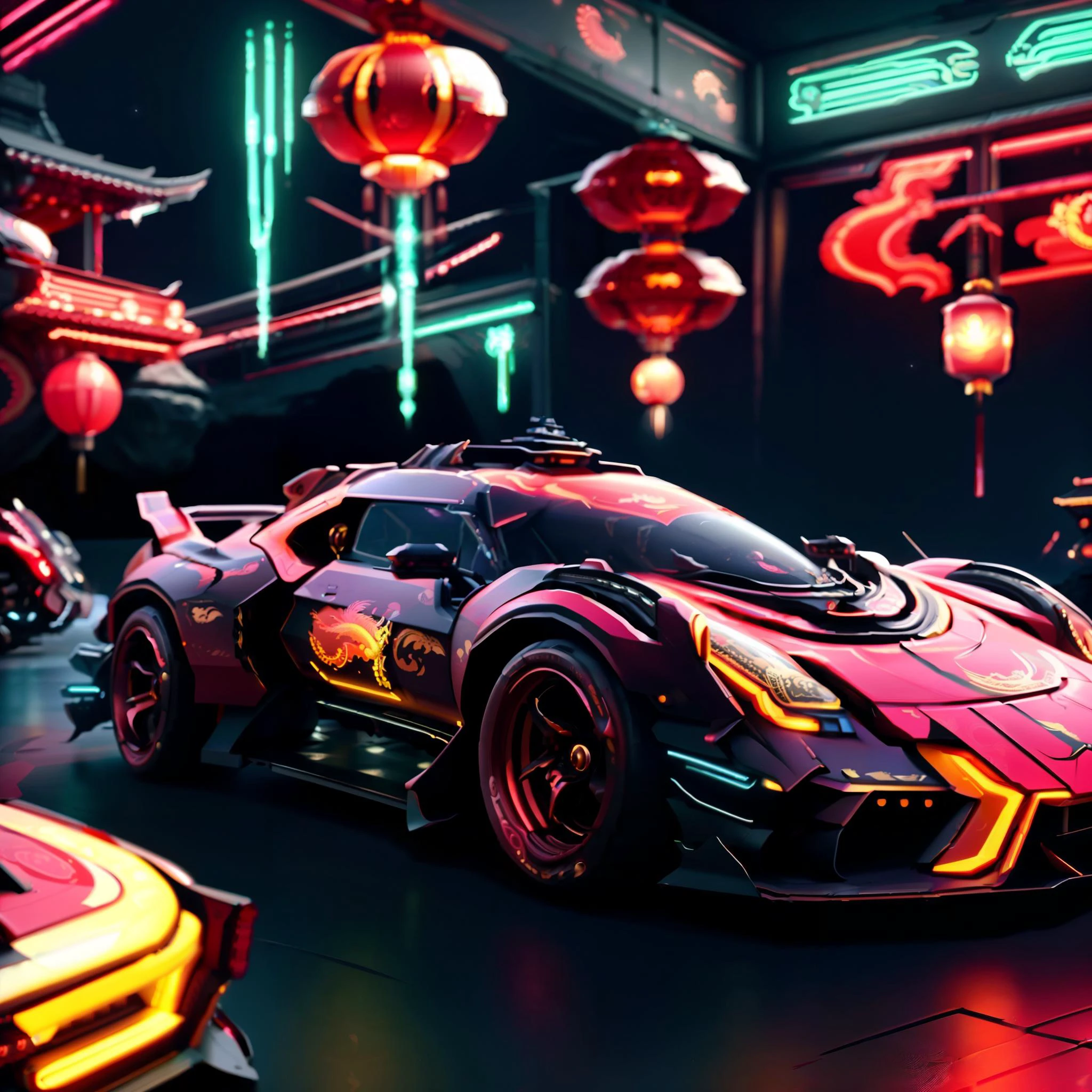 masterpiece,absurd resolution,epic scenery,futuristic cyberpunk dragon pattern car,,dragon pattern on car,western dragon style car,lantern and firework in backround,epic,LunarValentineStyle,zxrspc,TerrranAI.<lora:LunarValentineDragonStyle:1>, <lora:TerranAIv2:0.6>, <lora:FuturisticAircraftSpacecraftGeneratorConcept:0.6>,epic photo shot,night,on the futuristic road, yellow style,yellow neon glowin lights on car