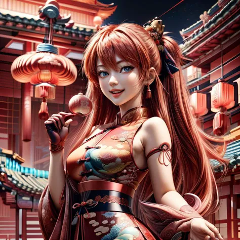 masterpiece,absurd resolution,(Best quality:1.2), highres, (scenary:1.2), Dynamic light, wings, scales, (Asuka Langley),nice detailed face, red chinese traditional maid uniform,wearing cute traditional gloves,glowing lanterns,orange hair,blue eyes,night, ,dragon, chibi, lunar new year, lanterns, fireworks, ornament, <lora:LunarValentineDragonStyle:1>, <lora:ValentineNatureStyle:0.8> ,<lora:LunarChibiDragon:0.8>,LunarValentineStyle, LunarChibiDragon,ValentineNatureStyle , <lora:add_detail:0.6> <lora:more_details:0.6> ,happy facial emotion,open mouth,nice face