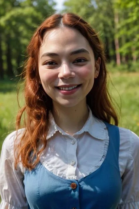 (close-up:0.6) picture of maimy, (wearing blue collared_dress),
smile, facing_viewer,
forest,
backlighting,
photorealistic