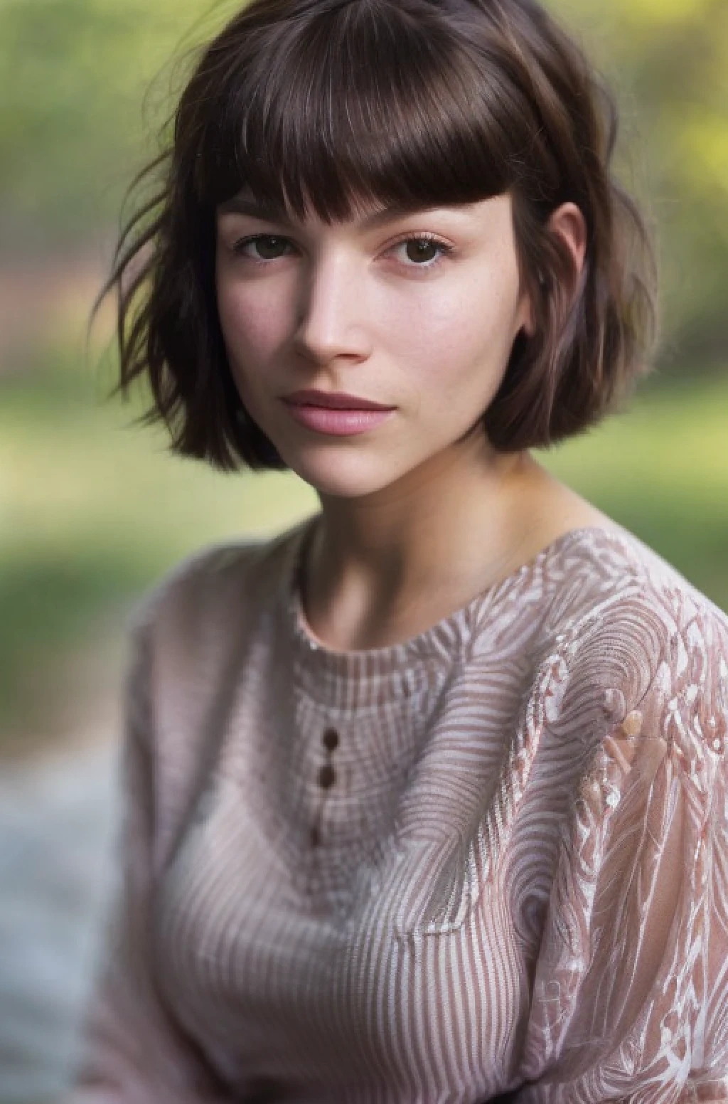 portrait of <lora:t0ki0:1>, with a bob cut, Photo, (sharp focus:1.2), attractive young woman, (beautiful face:1.1), detailed eyes, (smile:0.7), (body freckles:0.9), (medium breasts:0.8), (toned body:1.2), shiny (brown hair:1.1), wearing (sundress:1.2). depth of field. 4K, HDR. by (James C. Christensen:1.2|Jeremy Lipking:1.1),