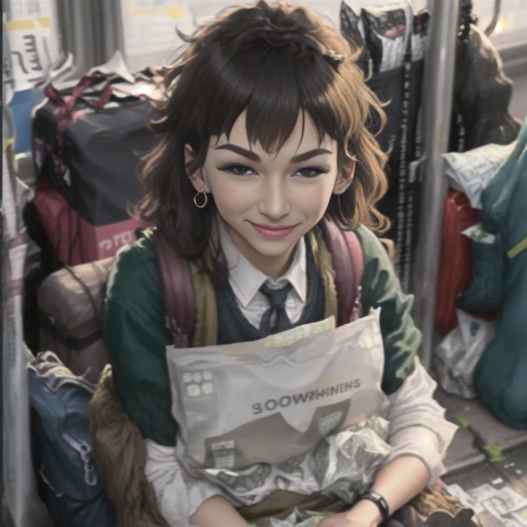 (t0ki0:1.2), sitted on a bus station, two bags on the ground, (smiling:1.2),looking at viewer, (lots of money sticking out of the bags:1.2), (a bunch of banknotes sticking out the bags:1.2), <lora:tokioMoneyHeistLORA_t0ki0:1.2>