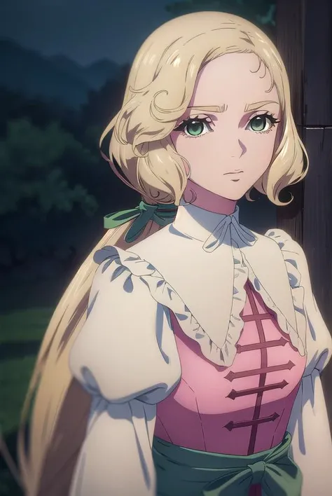 masterpiece,  best quality ,  Very detailed ,  maximum resolution, Realistic textures,  Anime Style, background, Storage room, From the Black Clover series, Charlotte Roselei, Long hair,  light yellow,  Redhead, Green eyes, Eyes of different colors,  huge breasts , 