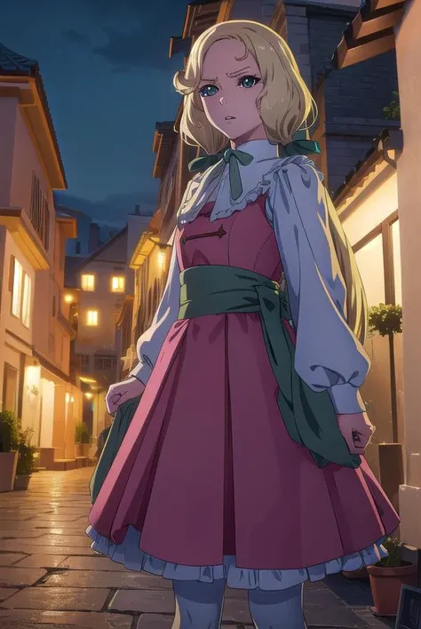 castlevaniamaria, <lyco:castlevaniamaria-lyco-nochekaiser:1>,
castlevaniamaria, long hair, blonde hair, (green eyes:1.5), hair bow, bow, green bow, low ponytail,
BREAK long sleeves, dress, puffy sleeves, pink dress, sash, green sash, collar, white collar,
BREAK looking at viewer, full body,
BREAK outdoors, night, sky,
BREAK <lyco:GoodHands-beta2:1>, (masterpiece:1.2), best quality, high resolution, unity 8k wallpaper, (illustration:0.8), (beautiful detailed eyes:1.6), extremely detailed face, perfect lighting, extremely detailed CG, (perfect hands, perfect anatomy),