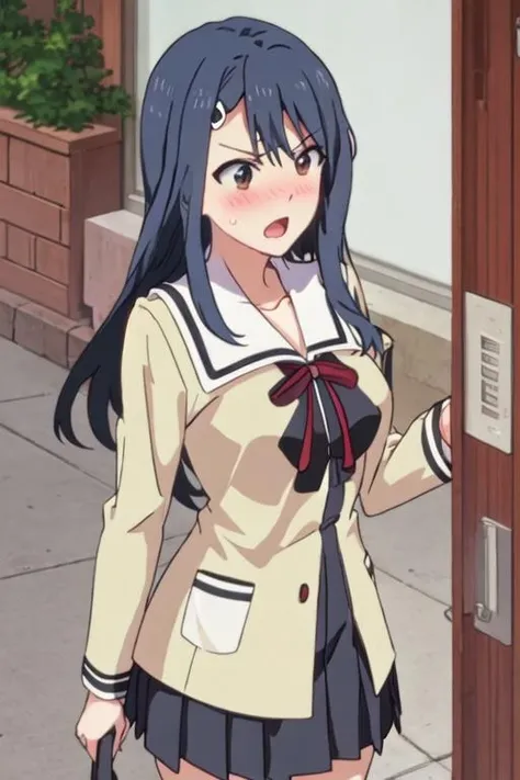 best quality, masterpiece, highres, solo, {public_morals_chairman_ahogirl:1.15}, long_hair, hair_ornament, hairclip, blue_hair, blush, brown_eyes, open_mouth, black_hair, 1girl, parody, school_uniform, sweat