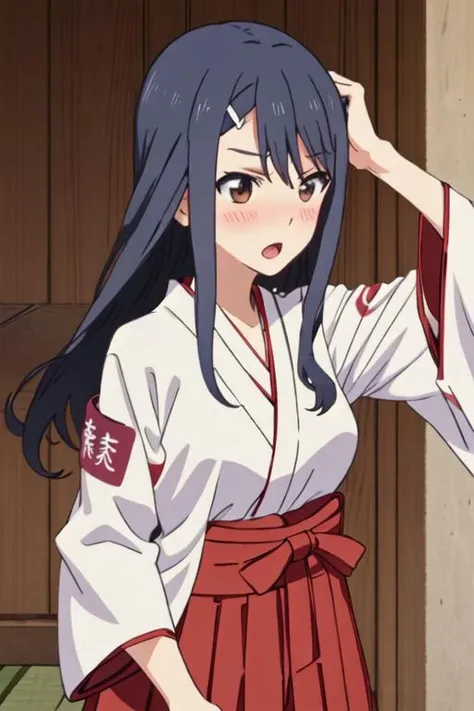 best quality, masterpiece, highres, solo, {white kimono:1.35}, {red hakama:1.35}, {wide sleeves:1.20}, {public_morals_chairman_ahogirl:1.15}, long_hair, hair_ornament, hairclip, blue_hair, blush, brown_eyes, open_mouth, black_hair