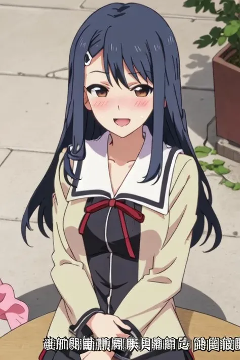 best quality, masterpiece, highres, solo, {public_morals_chairman_ahogirl:1.15}, long_hair, hair_ornament, hairclip, blue_hair, blush, brown_eyes, open_mouth, black_hair, 1girl, closed_eyes, emphasis_lines, meme, parody, smile, chinese_text