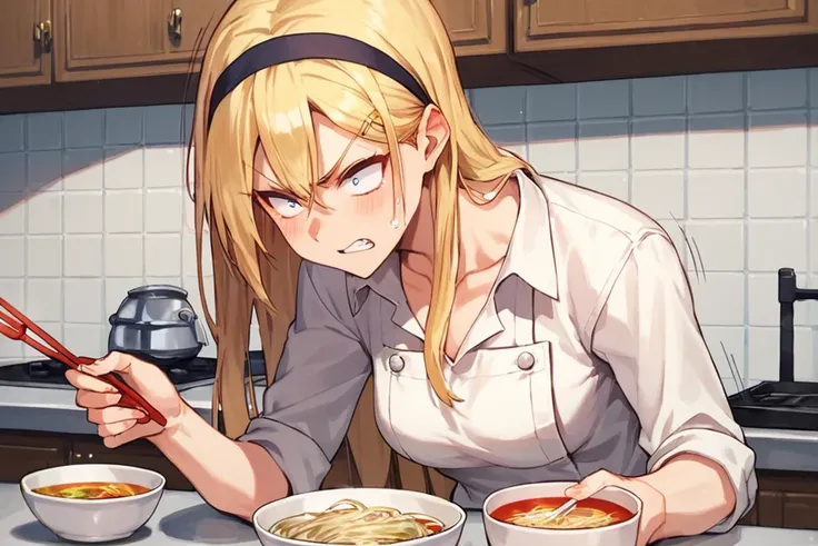 1girl, blonde hair, hairband, angry, long neck, making noodles, kitchen, chef outfit, batter, spilling batter, dirty kitchen, batter on clothes, batter in hair, motion lines, stirring in bowl, looking at bowl,
kitchen background,  <lora:shihakuganXLP:0.7> shihakugan eyes, , BREAK, score_9, score_8_up, score_7_up,  zPDXL