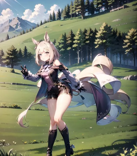 masterpiece, 8k wallpaper, best quality, 1girl, NaritaTopRoad, <lora:NaritaTopRoad>, blush, looking at the viewer, grass, standing, (moutain at the background), from below,