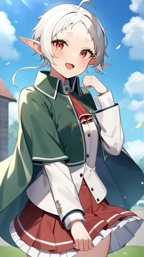 <lora:Mushoku_Tensei XL2:1>,1girl,solo,outdoors,cowboy shot,looking at viewer,falling petals,hand up,smile,closed mouth,red skirt,white jacket,cropped jacket,frilled skirt,white shirt,pleated skirt,long sleeves,high quality,cloud,day,blue sky,ascot,flower,green cloak),elf,(white hair),(short hair),(school uniform),(open mouth),looking at viewer,sylphiette,, masterpiece,best quality,very aesthetic,absurdres
