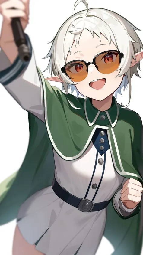 <lora:Mushoku_Tensei XL2:1>,sylphiette, high quality, 1girl, (green cloak), elf, sunglasses, solo, (white hair), (short hair), (holding wand), (school uniform), (open mouth), (tinted eyewear), (white background), smile, looking at viewer, jacket, (white shirt), masterpiece,best quality,very aesthetic,absurdres