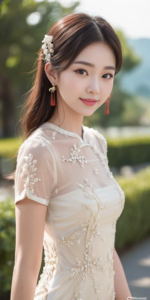 <lora:China dress:0.1>,<lora:ChinaDress:0.1> <lora:SeethroughChinaDress_v1:0.1>,(ChinaDress,Seethrough China Dress:1.55),1girl,light smile,happy,((((upper body,real face photo,outdoor background,background blur)))),big eyes,analog style,physically-based rendering,ultra-detailed,professional lighting, photon mapping,(outdoor,bokeh),(RAW photo, best quality, masterpiece:1.3), (realistic, photo-realistic:1.3),detailed facial features,slim girl,tassel, innocent, bangs,(pureerosface_v1:0.55) ,(ulzzang-6500-v1.1:0.75),(bridal hairstyle:1.15),(looking at viewer,close in viewer:1.7),slim waist,
(ostentatious hair accessories,gorgeous hair accessories,luxurious style hair accessories:1.1),