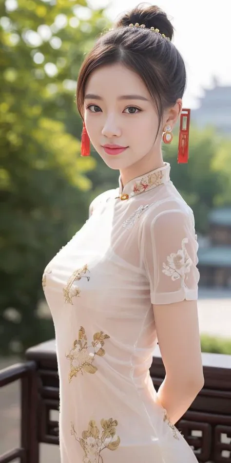 <lora:China dress:0.1>,<lora:ChinaDress:0.1> <lora:SeethroughChinaDress_v1:0.1>,(ChinaDress,Seethrough China Dress:1.75),1girl,light smile,happy,((((upper body,real face photo,outdoor background,background blur)))),big eyes,analog style,physically-based rendering,ultra-detailed,professional lighting, photon mapping,(outdoor,bokeh),(RAW photo, best quality, masterpiece:1.3), (realistic, photo-realistic:1.3),detailed facial features,slim girl,tassel, innocent, bangs,(pureerosface_v1:0.55) ,(ulzzang-6500-v1.1:0.75),(bridal hairstyle:1.15),(looking at viewer,close in viewer:1.7),ear ring,hair bow,hair ring,bare shoulders, bare abdomen,slim waist,
(ostentatious hair accessories,gorgeous hair accessories,luxurious style hair accessories:1.1),