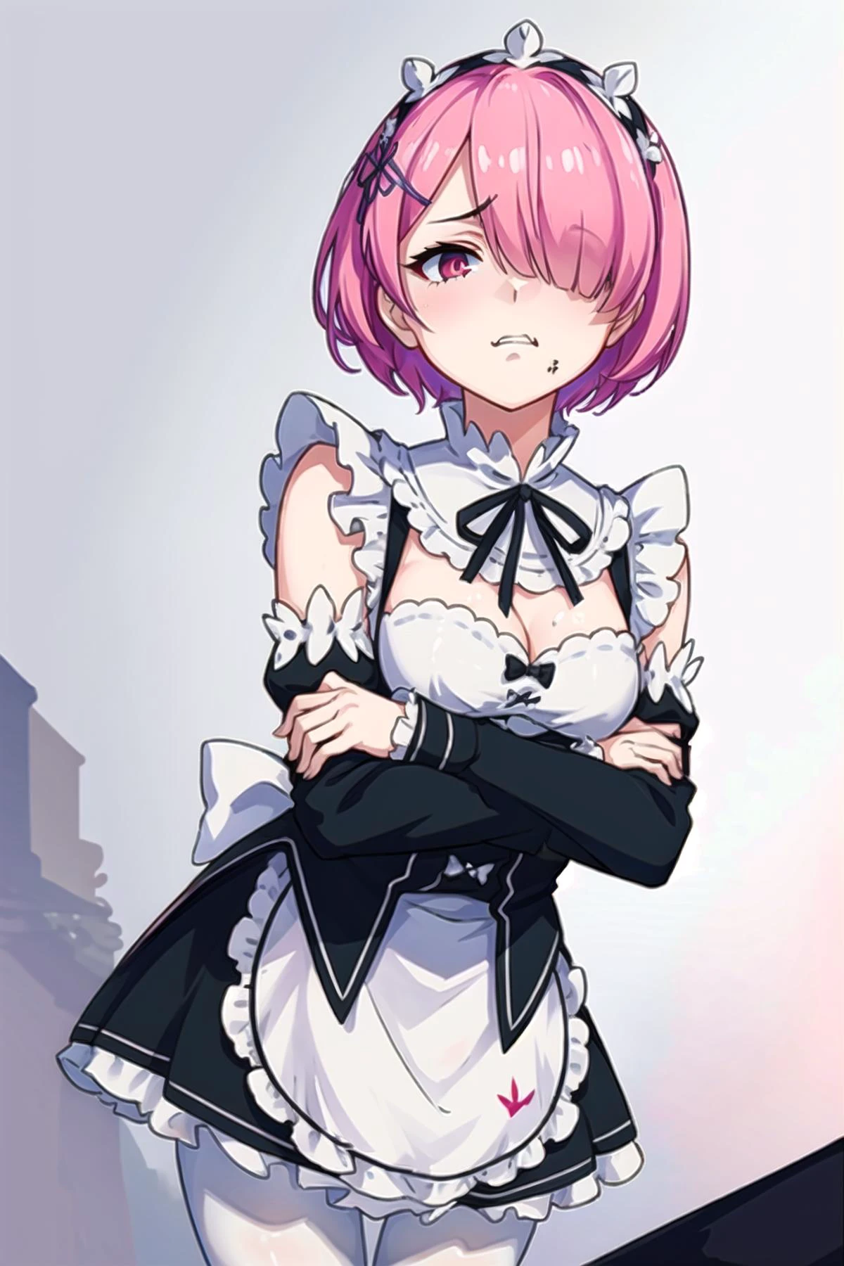 masterpiece, best quality, ultra-detailed, illustration, epic lighting, cinematic composition, 1girl, solo, <lora:ramREZero_v11:0.3> <lora:remReZero_v10:0.3> ram_\(re_zero\), cute, small breasts, lustrous skin, piercing gaze, pink hair:1.1, short hair, (hair over one eye:1.3), red eyes:1.1, roswaal mansion maid uniform, apron, (white pantyhose:1.2), standing, legs apart, crossed arms, half-closed eyes, <lora:Intense_GlarerV2:1> (intenseglare:1.1), disgusted, (annoyed, pissed, angry:1.2), sadist, shaded face, eye glint, arrogant, proud, looking at viewer, looking down, from the side, glaring, (from below, low angle:1.2), fantasy, unreal, dream, pink theme, gradient background, (8k:1.1), <lora:maplestoryStyle_v30:0.3>