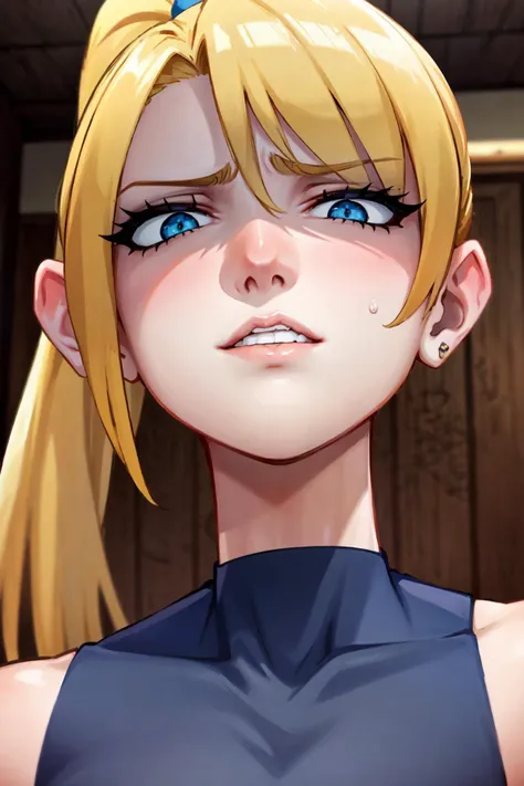 (masterpiece:1.2), (best quality:1.2), perfect eyes, perfect face, volumetric lighting, 1girl, mature female, from below, log angle, intenseglare, disgust, shaded_face, shadow_over_eyes, glaring, looking down at the viewer, long blond hair, undercut, ponytail, blue, detailed indoor, background  <lora:disgustFacial_v1:1>