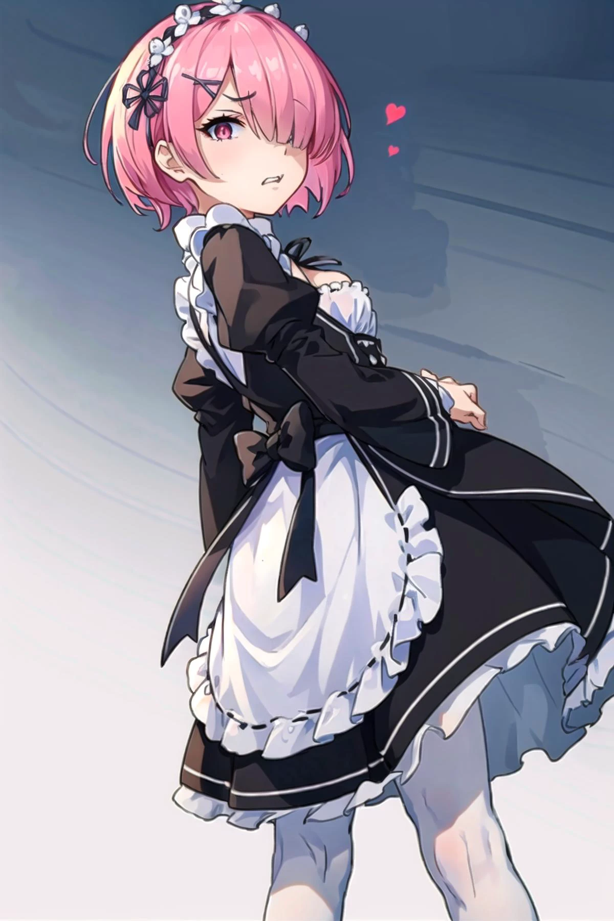 ((best quality)), ((masterpiece)), illustration, (detailed), 1girl, solo, <lora:ramREZero_v11:0.3> <lora:remReZero_v10:0.3> ram_\(re_zero\), cute, small breasts, lustrous skin, piercing gaze, pink hair:1.1, short hair, (hair over one eye:1.3), red eyes:1.1, roswaal mansion maid uniform, apron, (white pantyhose:1.2), standing, legs apart, crossed arms, <lora:Intense_GlarerV2:1> (intenseglare:1.1), (disgusted:1.2), (annoyed, angry:1.2), sadist, shaded face, eye glint, arrogant, proud, looking at viewer, looking down, from the side, glaring, (from below, low angle:1.2), fantasy, unreal, dream, gradient background, (high-resolution:1.2), <lora:maplestoryStyle_v30:0.3>