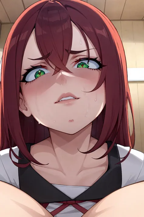 (masterpiece:1.2), (best quality:1.2), perfect eyes, perfect face, volumetric lighting, 1girl, mature female, from below, log angle, intenseglare, disgust, shaded_face, shadow_over_eyes, glaring, looking down at the viewer, long red hair, green eyes, detailed indoor, background <lora:disgustFacial_v1:1>