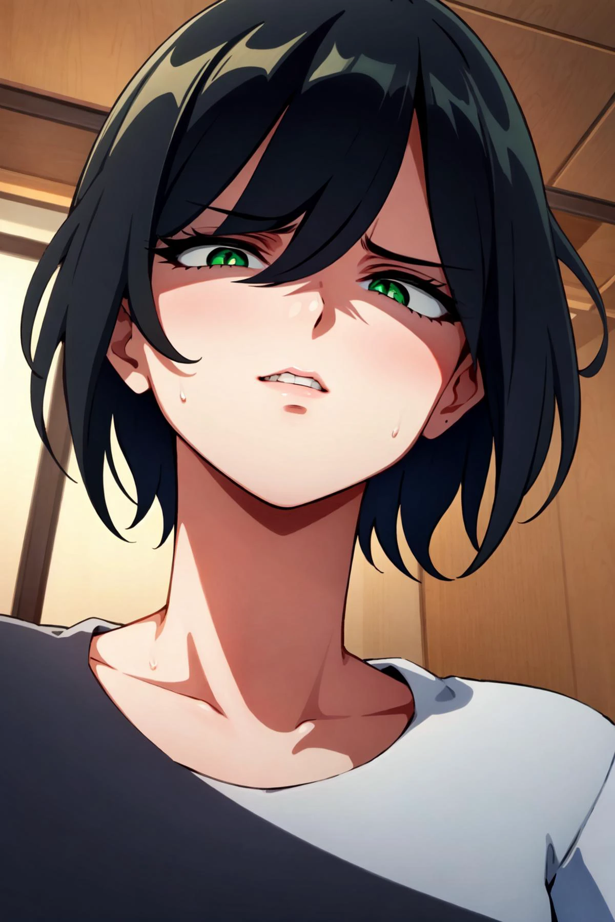 (masterpiece:1.2), (best quality:1.2), perfect eyes, perfect face, volumetric lighting, 1girl, mature female, from below, log angle, intenseglare, disgust, shaded_face, shadow_over_eyes, glaring, looking down at the viewer, short black hair, spiky hair, green eyes, detailed indoor, background <lora:disgustFacial_v1:1>