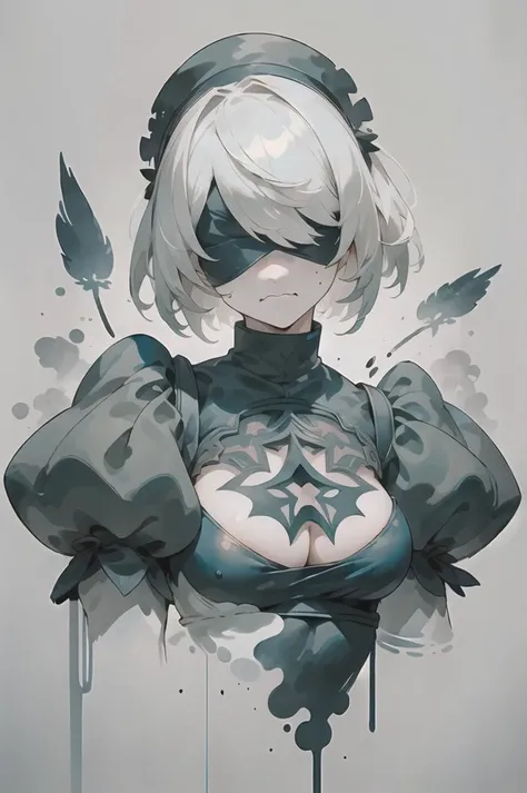 (masterpiece, top quality, best quality, official art, beautiful and aesthetic:1.2),Nier automata, (ink painting:1.3), <lora:ink-0.1-3-b28-bf16-D128-A1-1-ep64-768-DAdaptation-cosine:1>, <lora:n_2b:1>, 2B, close portrait, upper body, disgust face, watercolor, watercolor splashes,  disgusted face expression, disgusted face,  <lora:Intense_GlarerV2:0.7>, intenseglare, ink scenery, ink, painting, hm2b, black blindfold, covered eyes, mole under mouth, clothing cutout, long sleeves, puffy sleeves, juliet sleeves, feather trim, black thighhighs, black gloves, covered navel, (white leotard:1.2), (angry face:1.2), angry, rude, white background, scenery, ink,  (paint splashes:1.2), (bust:1.1), (splash_art:1.2),, (best-quality:0.8), perfect anime illustration