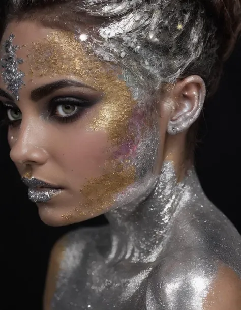 <lora:glitt3r:0.7>glitt3r a woman black background and silver color full body nude facepaint lipstick