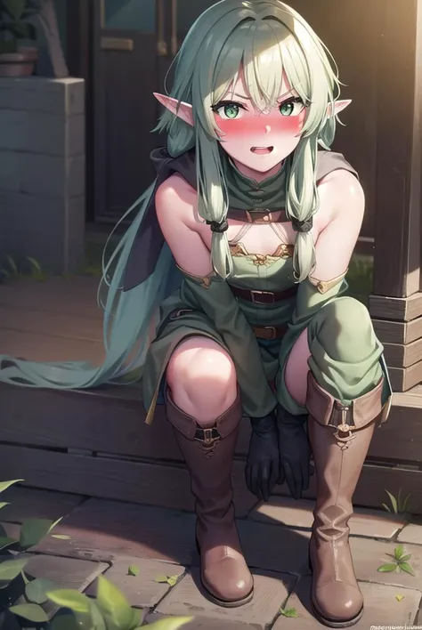 highelfarcher, <lyco:highelfarcher-lyco-nochekaiser:1>, 
high elf archer, elf, (green eyes:1.5), green hair, hair between eyes, long hair, pointy ears, sidelocks, (flat chest:1.2), <lora:doyagao_v080:1>, <lora:talkmouth_E_v100:1>, open mouth, <lora:yudedako_noline_cheek_v100:1>, embarrassed,
BREAK asymmetrical clothes, boots, cloak, elf, gloves, green thighhighs, high heels, shorts, thighhighs,
BREAK looking at viewer,
BREAK outdoors, nature, forest,
BREAK <lyco:GoodHands-beta2:1>, (masterpiece:1.2), best quality, high resolution, unity 8k wallpaper, (illustration:0.8), (beautiful detailed eyes:1.6), extremely detailed face, perfect lighting, extremely detailed CG, (perfect hands, perfect anatomy),