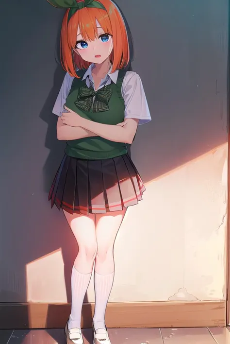 yotsubanakano, <lyco:yotsubanakano-lyco-nochekaiser:1>, 
yotsuba nakano, bangs, short hair, blue eyes, hair between eyes, hair ribbon, hairband, orange hair, green ribbon, <lora:wavymouth_type5_v100:1>, open mouth, <lora:yudedako_v100:1>, embarrassed,
BREAK skirt, shirt, bow, ribbon, school uniform, white shirt, short sleeves, pleated skirt, shoes, socks, collared shirt, miniskirt, bowtie, black footwear, kneehighs, green skirt, black socks, loafers, green bow, sweater vest, green ribbon,
BREAK looking at viewer,
BREAK indoors, classroom,
BREAK <lyco:GoodHands-beta2:1>, (masterpiece:1.2), best quality, high resolution, unity 8k wallpaper, (illustration:0.8), (beautiful detailed eyes:1.6), extremely detailed face, perfect lighting, extremely detailed CG, (perfect hands, perfect anatomy),