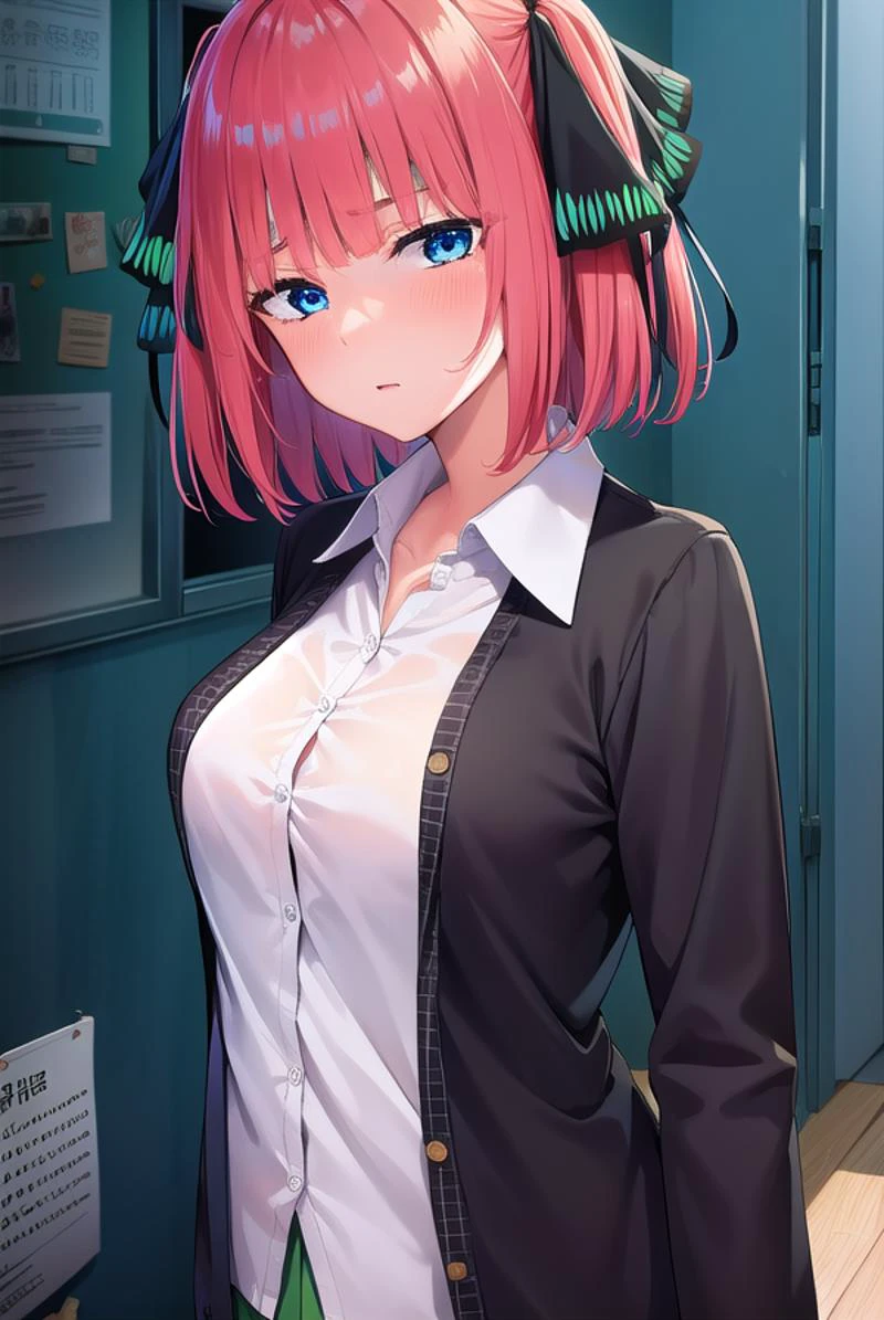 ninonakano, <lyco:ninonakano-lyco-nochekaiser:1>,
nino nakano, short hair, bangs, blue eyes, hair ornament, hair ribbon, pink hair, blunt bangs, two side up, butterfly hair ornament, <lora:sensualface_type2:1>, <lora:yudedako_v100:1>, embarassed,
BREAK skirt, shirt, long sleeves, white shirt, pleated skirt, open clothes, collared shirt, sleeves past wrists, dress shirt, cardigan, green skirt, open cardigan, black cardigan,
BREAK looking at viewer,
BREAK indoors, classroom, school,
BREAK <lyco:GoodHands-beta2:1>, (masterpiece:1.2), best quality, high resolution, unity 8k wallpaper, (illustration:0.8), (beautiful detailed eyes:1.6), extremely detailed face, perfect lighting, extremely detailed CG, (perfect hands, perfect anatomy),
