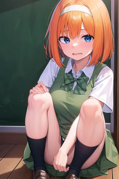 yotsubanakano, <lyco:yotsubanakano-lyco-nochekaiser:1>,
yotsuba nakano, bangs, short hair, blue eyes, hair between eyes, hair ribbon, hairband, orange hair, green ribbon, <lora:wavymouth_type5_v100:1>, open mouth, <lora:yudedako_v100:1>, embarrassed,
BREAK skirt, shirt, bow, ribbon, school uniform, white shirt, short sleeves, pleated skirt, shoes, socks, collared shirt, miniskirt, bowtie, black footwear, kneehighs, green skirt, black socks, loafers, green bow, sweater vest, green ribbon,
BREAK looking at viewer,
BREAK indoors, classroom,
BREAK <lyco:GoodHands-beta2:1>, (masterpiece:1.2), best quality, high resolution, unity 8k wallpaper, (illustration:0.8), (beautiful detailed eyes:1.6), extremely detailed face, perfect lighting, extremely detailed CG, (perfect hands, perfect anatomy),