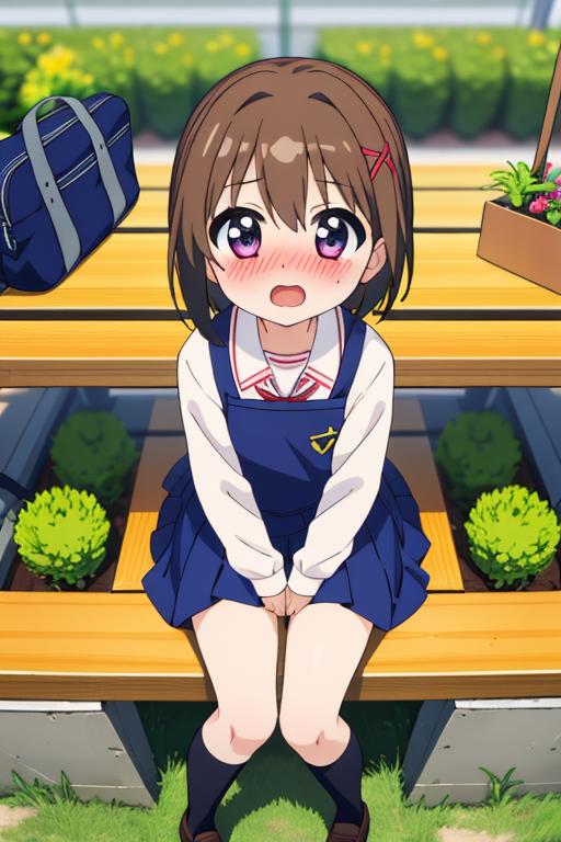 Anime girl sitting on a bench with a bag and a backpack - SeaArt AI
