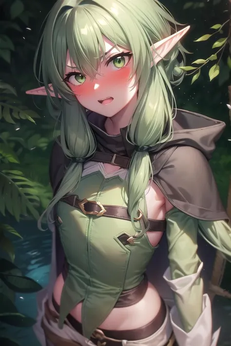 highelfarcher, <lyco:highelfarcher-lyco-nochekaiser:1>,
high elf archer, elf, (green eyes:1.5), green hair, hair between eyes, long hair, pointy ears, sidelocks, (flat chest:1.2), <lora:doyagao_v080:1>, <lora:talkmouth_E_v100:1>, open mouth, <lora:yudedako_noline_cheek_v100:1>, embarrassed,
BREAK asymmetrical clothes, boots, cloak, elf, gloves, green thighhighs, high heels, shorts, thighhighs,
BREAK looking at viewer,
BREAK outdoors, nature, forest,
BREAK <lyco:GoodHands-beta2:1>, (masterpiece:1.2), best quality, high resolution, unity 8k wallpaper, (illustration:0.8), (beautiful detailed eyes:1.6), extremely detailed face, perfect lighting, extremely detailed CG, (perfect hands, perfect anatomy),