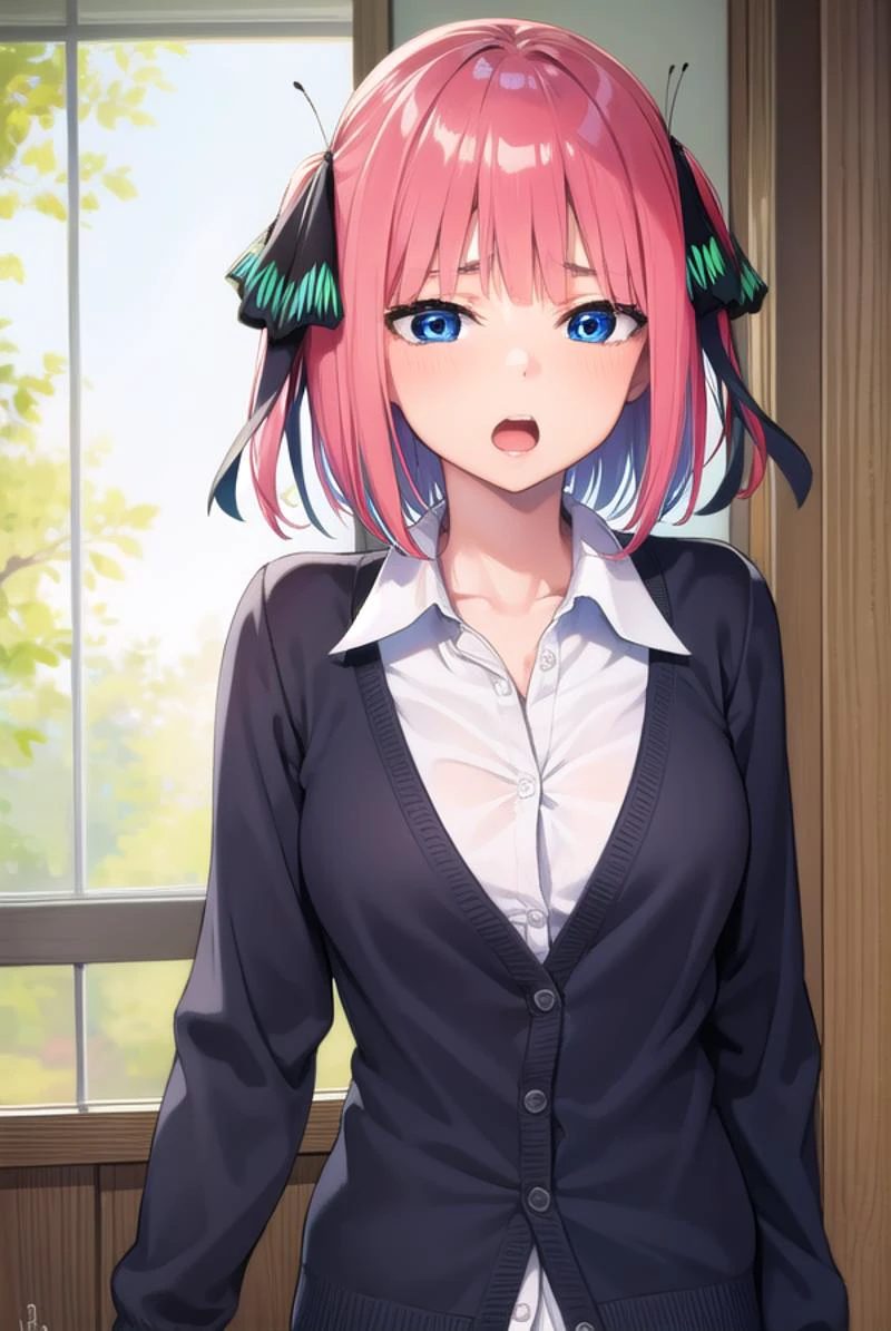 ninonakano, <lyco:ninonakano-lyco-nochekaiser:1>,
nino nakano, short hair, bangs, blue eyes, hair ornament, hair ribbon, pink hair, blunt bangs, two side up, butterfly hair ornament, <lora:sensualface_type2:1>, open mouth, <lora:yudedako_v100:1>, embarassed,
BREAK skirt, shirt, long sleeves, white shirt, pleated skirt, open clothes, collared shirt, sleeves past wrists, dress shirt, cardigan, green skirt, open cardigan, black cardigan,
BREAK looking at viewer,
BREAK indoors, classroom, school,
BREAK <lyco:GoodHands-beta2:1>, (masterpiece:1.2), best quality, high resolution, unity 8k wallpaper, (illustration:0.8), (beautiful detailed eyes:1.6), extremely detailed face, perfect lighting, extremely detailed CG, (perfect hands, perfect anatomy),
