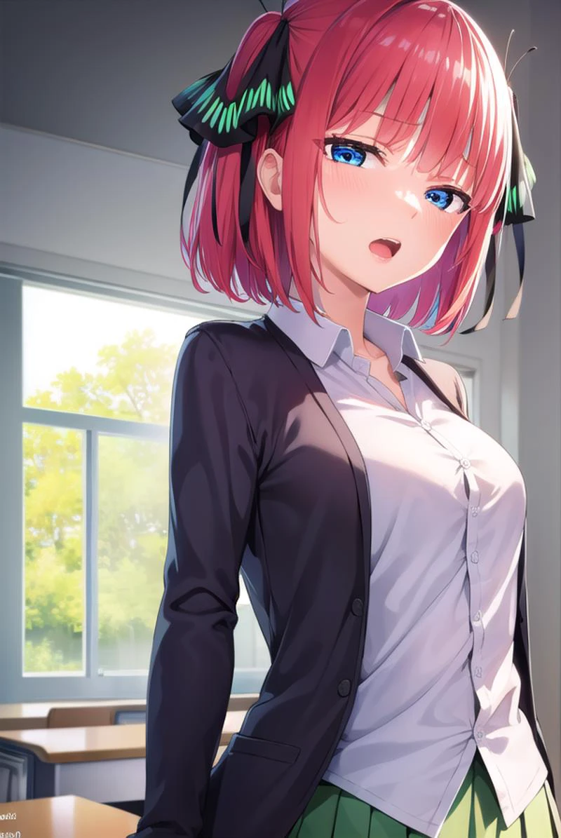 ninonakano, <lyco:ninonakano-lyco-nochekaiser:1>,
nino nakano, short hair, bangs, blue eyes, hair ornament, hair ribbon, pink hair, blunt bangs, two side up, butterfly hair ornament, <lora:sensualface_type2:1>, open mouth, <lora:yudedako_v100:1>, embarassed,
BREAK skirt, shirt, long sleeves, white shirt, pleated skirt, open clothes, collared shirt, sleeves past wrists, dress shirt, cardigan, green skirt, open cardigan, black cardigan,
BREAK looking at viewer,
BREAK indoors, classroom, school,
BREAK <lyco:GoodHands-beta2:1>, (masterpiece:1.2), best quality, high resolution, unity 8k wallpaper, (illustration:0.8), (beautiful detailed eyes:1.6), extremely detailed face, perfect lighting, extremely detailed CG, (perfect hands, perfect anatomy),