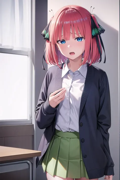 ninonakano, <lyco:ninonakano-lyco-nochekaiser:1>,
nino nakano, short hair, bangs, blue eyes, hair ornament, hair ribbon, pink hair, blunt bangs, two side up, butterfly hair ornament, <lora:sensualface_type2:1>, open mouth, <lora:yudedako_v100:1>, embarassed,
BREAK skirt, shirt, long sleeves, white shirt, pleated skirt, open clothes, collared shirt, sleeves past wrists, dress shirt, cardigan, green skirt, open cardigan, black cardigan,
BREAK looking at viewer,
BREAK indoors, classroom, school,
BREAK <lyco:GoodHands-beta2:1>, (masterpiece:1.2), best quality, high resolution, unity 8k wallpaper, (illustration:0.8), (beautiful detailed eyes:1.6), extremely detailed face, perfect lighting, extremely detailed CG, (perfect hands, perfect anatomy),