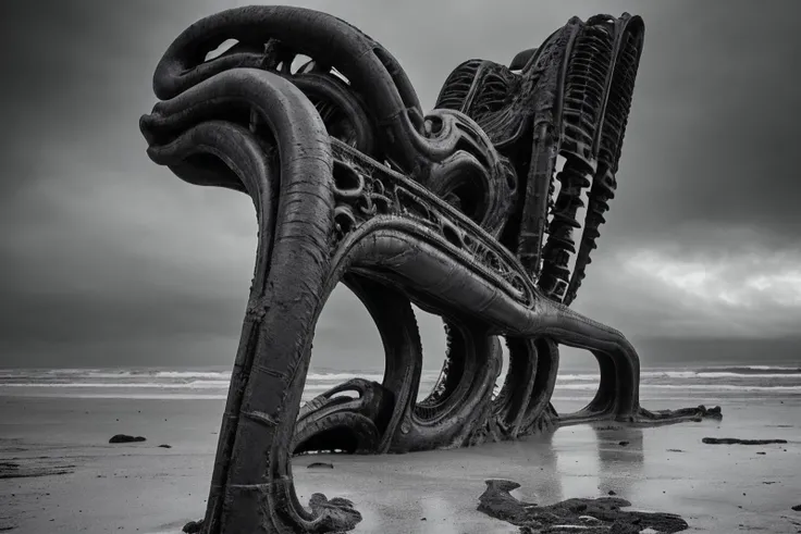 <lora:Biomechanicals_v2_lora1500:0.6> style, hnsrdlf style, vintage photo of intricate biomechanical stranded wales scattered around the beach, warzone, vast dark ocean with waves, (reflections:0.5) on small puddles and wet sand, dramatic overcast sky, (high contrast:1.4), photo realism, masterpiece, award-winning photo, analog style, underexposed, vintage