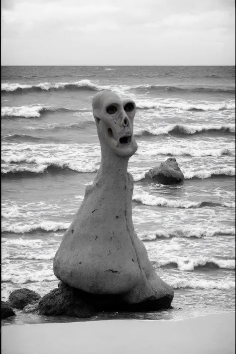 <lora:biomechanicals_v2:1> , something strange on the seashore, old film