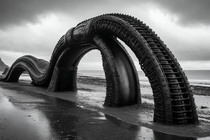 <lora:Biomechanicals_v2_lora1500:0.7> style, hnsrdlf style, vintage photo of intricate biomechanical stranded wales scattered around the beach, warzone, vast dark ocean with waves, (reflections:0.5) on small puddles and wet sand, dramatic overcast sky, (high contrast:1.4), photo realism, award-winning photo, analog style, underexposed, vintage