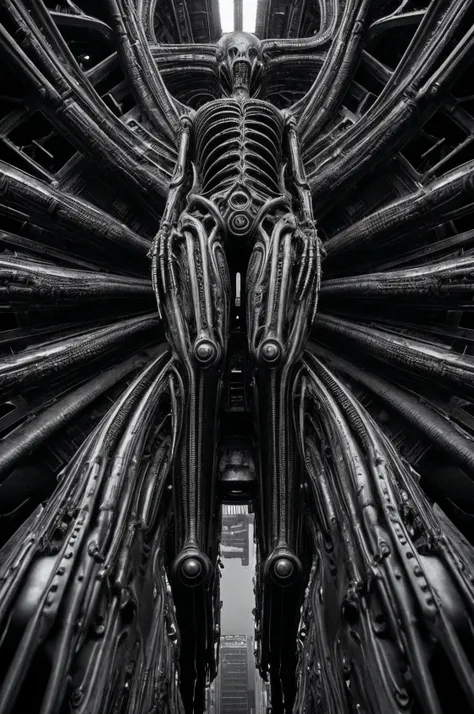 <lora:Biomechanicals_v2_lora1500:0.6> style, hnsrdlf style, (low angle photo:1.1) of giant intricate biomechanical creature, (shiny wet dark surface:0.8), reaching into (dramatic:1.2) overcast sky, foggy, (high contrast:1.4), photo realism, award-winning photo, analog style, underexposed, vintage