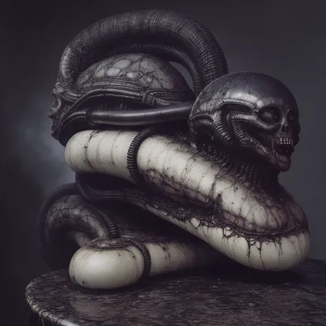 a dangerous looking sprinkled girl piss on top of a table with a alien head, in the style of giger in the hole, with many blood around, hyperrealism, hyper realistic color photo, realistic photography <lora:biomechanicals_v2:2> ((hnsrdlf style))