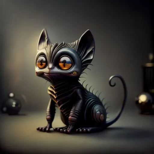 8k,photography,canon 5D MarkII camera style,85mm,f5.6,a happy black cat,all black cat,tail up,1tail,golden eyes,sharp triangular face,large pointed ears,yawn,sharp teeth,wearing a black collar imprinted with small golden stars,cat is playing in a metal room with a small rope ball,1cat,midday,<lora:CuteCreatures:1>,<lora:Biomechanicals_v2_lora1500:1.6>,