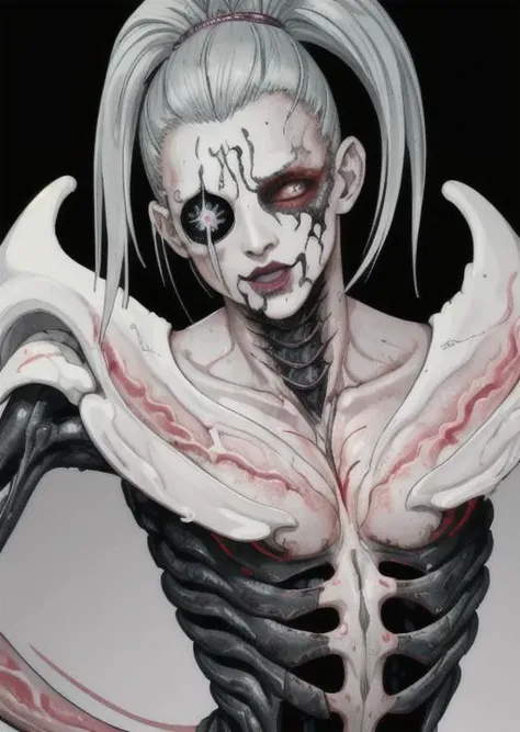posthuman, face, androgynous, exoskeleton, bio technology, flesh, blood, bone golem, veins, bust, one person, porcelain, blood treated, pastel, vibrant glowing fluorescent eyes, face scar, scarred skin, smudged lipstick, cracked porcelain, flat chest:10, eye patch, vibrant, line marking, intersex, The Most Sacred Heart of Jesus,
Rain, separation, gray trail
Behind the propeller of running foam.
Black eyes are the heat,
In the sea of sleepy stars gliding,
And by the board till morning.
Kisses... <lora:Biomechanicals_v2_lora1500:0.4>
