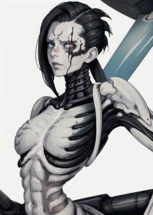 posthuman, face, androgynous, exoskeleton, bio technology, flesh, blood, bone golem, veins, bust, one person, porcelain, blood treated, pastel, The gray eyes are the dawn, face scar, scarred skin, smudged lipstick, cracked porcelain, flat chest:10, man chest, eye patch, vibrant, line marking,
Rain, separation, gray trail
Behind the propeller of running foam.
Black eyes are the heat,
In the sea of sleepy stars gliding,
And by the board till morning.
Kisses... <lora:Biomechanicals_v2_lora1500:0.4>
