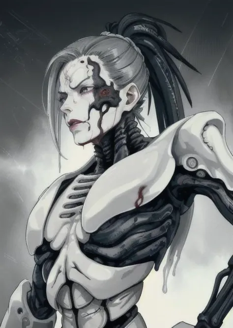 posthuman, face, androgynous, exoskeleton, bio technology, flesh, blood, bone golem, veins, bust, one person, porcelain, blood treated, pastel, The gray eyes are the dawn, face scar, scarred skin, smudged lipstick, cracked porcelain, flat chest:10, man chest, eye patch, vibrant, line marking,
Rain, separation, gray trail
Behind the propeller of running foam.
Black eyes are the heat,
In the sea of sleepy stars gliding,
And by the board till morning.
Kisses... <lora:Biomechanicals_v2_lora1500:0.4>