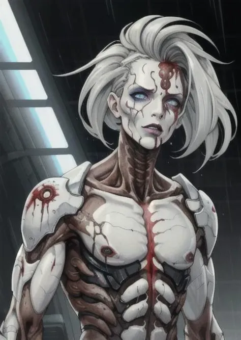 posthuman, face, androgynous, exoskeleton, bio technology, flesh, blood, bone golem, veins, bust, one person, porcelain, blood treated, pastel, The gray eyes are the dawn, face scar, scarred skin, smudged lipstick, cracked porcelain, flat chest:10, man chest, eye patch, vibrant, line marking,
Rain, separation, gray trail
Behind the propeller of running foam.
Black eyes are the heat,
In the sea of sleepy stars gliding,
And by the board till morning.
Kisses... <lora:Biomechanicals_v2_lora1500:0.4>