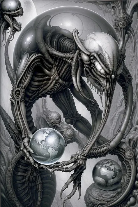 a masterpiece, <lora:Biomechanicals_v2_lora1500:0.5>, <lora:alien_lora:1>, an MC Escher drawing "hand with reflecting sphere", a hand is holding a reflective globe, you can see a xenomorph reflected in the blobe (hrgiger-drmacabre:0.2), disgusting, dark,