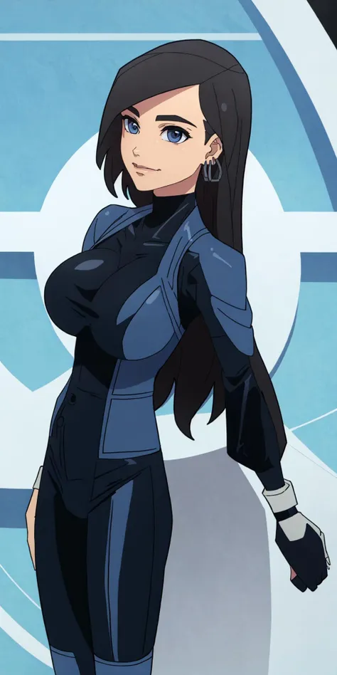 masterpiece, high quality, best quality, 1girl, solo, (muscular female:1.0), (super gigantic breasts:1.0), (closed mouth, half smile), harah, long hair, brown hair, blue eyes, dark skin, large breasts, earrings, (black and blue color-blocked bodysuit:1.50), (((blue on the sides and black on the middle of the bodysuit:1.5))), lips, blue sclera, anime screencap, anime key visual, (fully clothed:1.0), full body <lora:Harah:1.0>