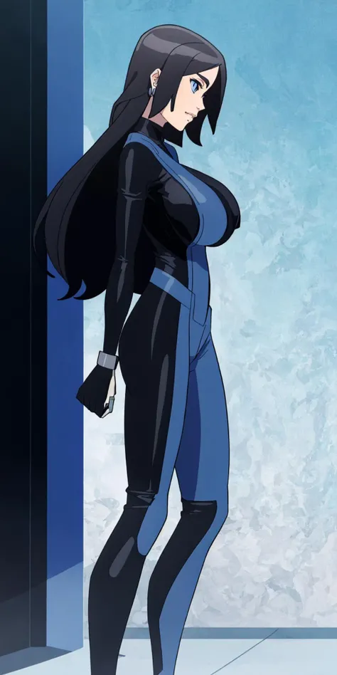 masterpiece, high quality, best quality, 1girl, solo, (muscular female:1.0), (super gigantic breasts:1.0), (closed mouth, half smile), harah, long hair, brown hair, blue eyes, dark skin, large breasts, earrings, (black and blue color-blocked bodysuit:1.50), (((blue on the sides and black on the middle of the bodysuit:1.5))), lips, blue sclera, anime screencap, anime key visual, (fully clothed:1.0), full body <lora:Harah:1.0>