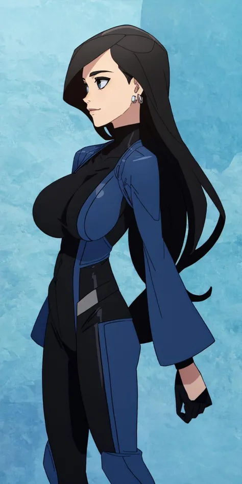 masterpiece, high quality, best quality, 1girl, solo, (muscular female:1.0), (super gigantic breasts:1.0), (closed mouth, half smile), harah, long hair, brown hair, blue eyes, dark skin, large breasts, earrings, (black and blue color-blocked bodysuit:1.50), (((blue on the sides and black on the middle of the bodysuit:1.5))), lips, blue sclera, anime screencap, anime key visual, (fully clothed:1.0), full body <lora:Harah:1.0>