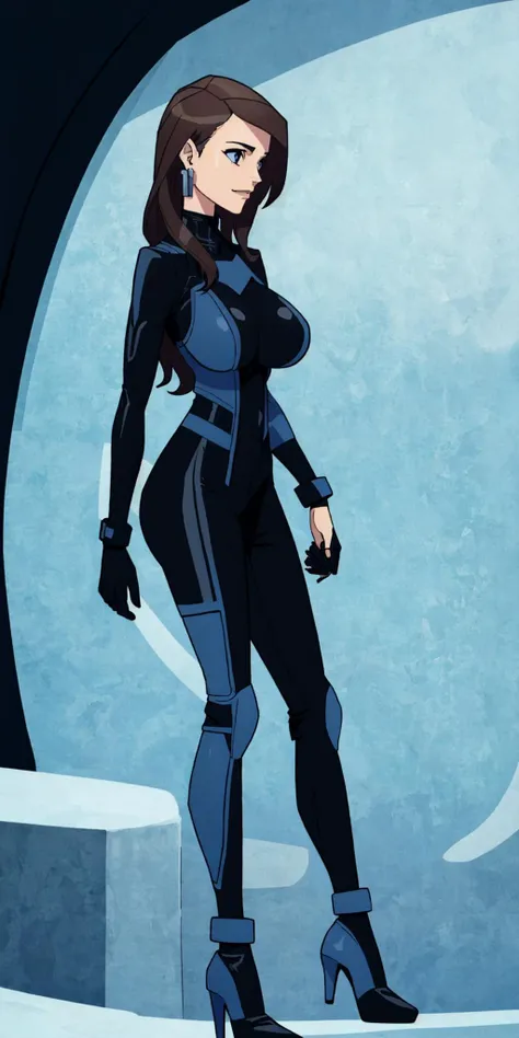 masterpiece, high quality, best quality, 1girl, solo, (muscular female:1.0), (super gigantic breasts:1.0), (closed mouth, half smile), harah, long hair, brown hair, blue eyes, dark skin, large breasts, earrings, (black and blue color-blocked bodysuit:1.50), (((blue on the sides and black on the middle of the bodysuit:1.5))), lips, blue sclera, anime screencap, anime key visual, (fully clothed:1.0), full body <lora:Harah:1.0>